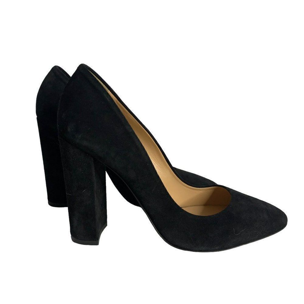 Marco Barbabella Nubuck Leather Pumps 8.5 Black 4 in Chunky Heels Round Toe